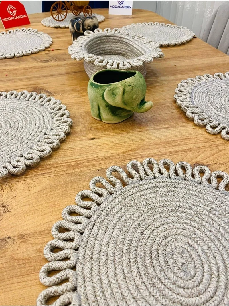 BDZ Deri BDZ Leather Wicker Jute Presentation Plate Mat American Service and Basket 7 Pieces
