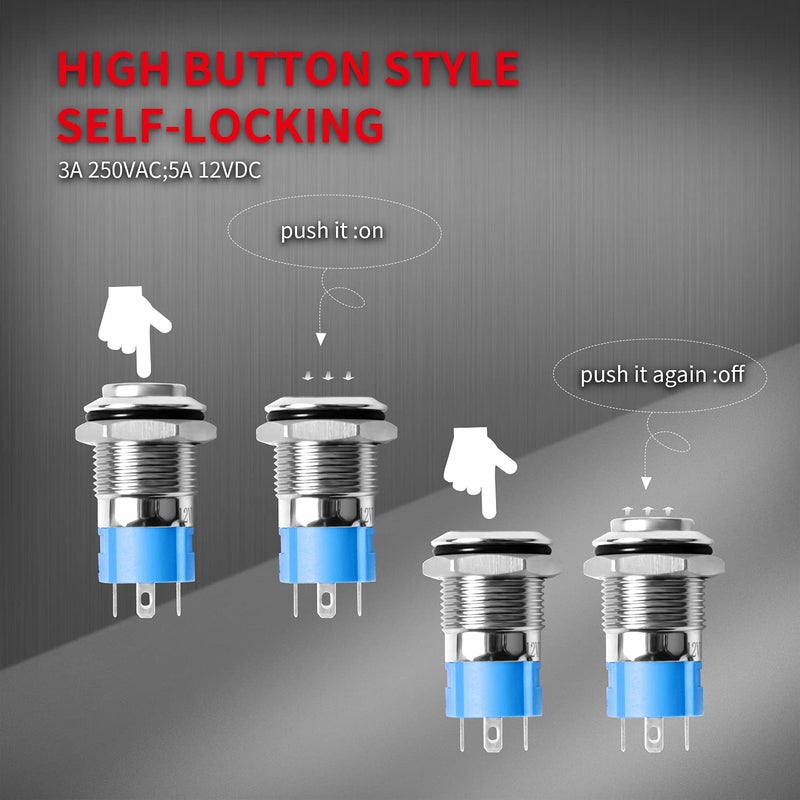 DAIERTEK 12mm Latching Push Button Switch 12V LED Blue Waterproof ON Off Maintained Power Button 12 Volt Small Round Metal Black Wired for Automotive - 6pcs - Image 5