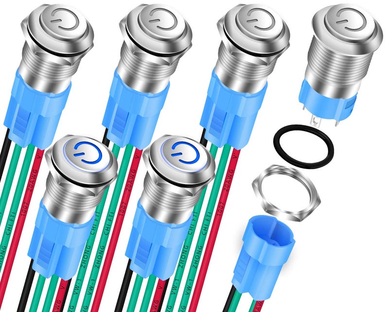 DAIERTEK 12mm Latching Push Button Switch 12V LED Blue Waterproof ON Off Maintained Power Button 12 Volt Small Round Metal Black Wired for Automotive - 6pcs - Image 1