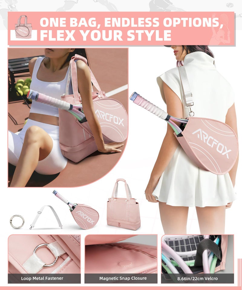 ARCFOX Tennis Tote Bag for Women, 2-in-1 Pink Tennis Bags 3 Rackets, Large Tennis Racket Bag with Shoe Compartment, Water Bottle Holder, Sports Handbag for Pickleball Padel, Badminton, Squash Racquet - Image 4