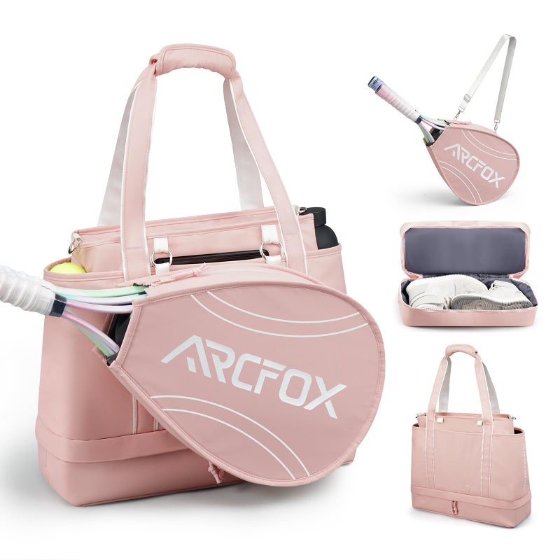 ARCFOX Tennis Tote Bag for Women, 2-in-1 Pink Tennis Bags 3 Rackets, Large Tennis Racket Bag with Shoe Compartment, Water Bottle Holder, Sports Handbag for Pickleball Padel, Badminton, Squash Racquet - Image 1