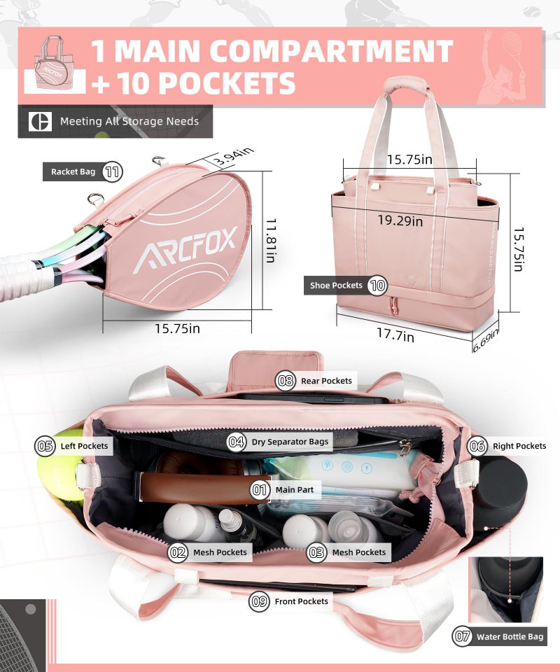 ARCFOX Tennis Tote Bag for Women, 2-in-1 Pink Tennis Bags 3 Rackets, Large Tennis Racket Bag with Shoe Compartment, Water Bottle Holder, Sports Handbag for Pickleball Padel, Badminton, Squash Racquet - Image 2
