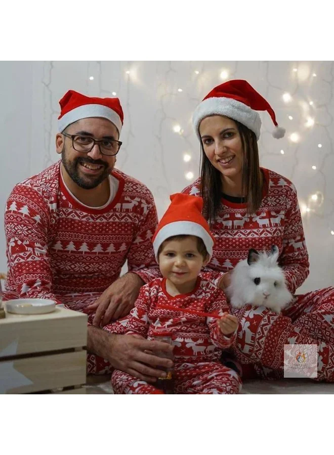 Christmas Pajama Set – 4-Piece Festive Sleepwear for Father, Mother, Kid & Baby | Red Elk Print Full Sleeve Holiday Outfit Set | Cozy Family Christmas Nightwear