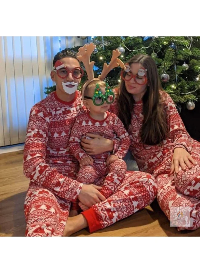 Matching Family Outfits  Christmas Pajama Set – 4-Piece Festive Sleepwear for Father, Mother, Kid & Baby | Polyester Red Elk Print Full Sleeve Holiday Outfit Set | Cozy Family Christmas Nightwear  | Best Price UAE