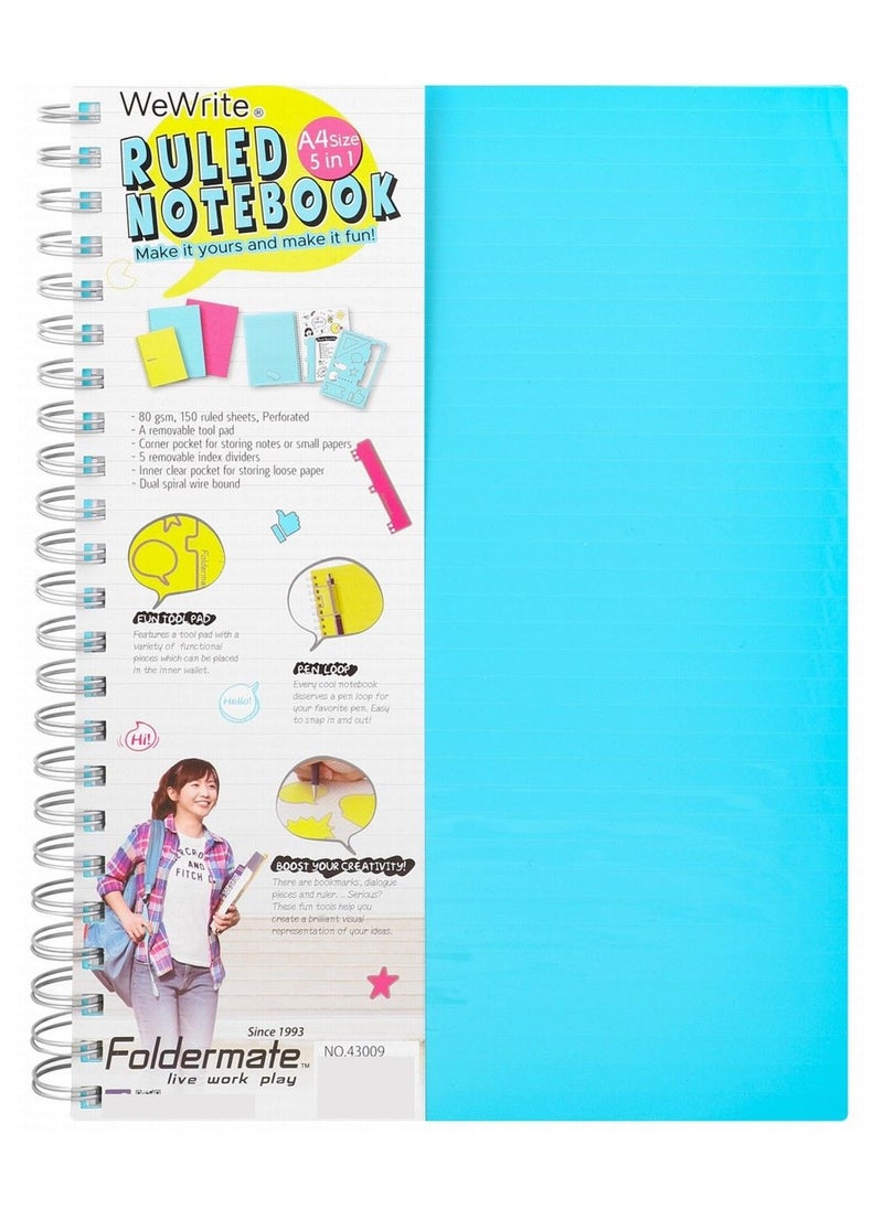 Foldermate - WeWrite A4 Blue Cover Spiral Ruled 5-Subject Notebook with Tool Pad & Pen Loop - Image 1