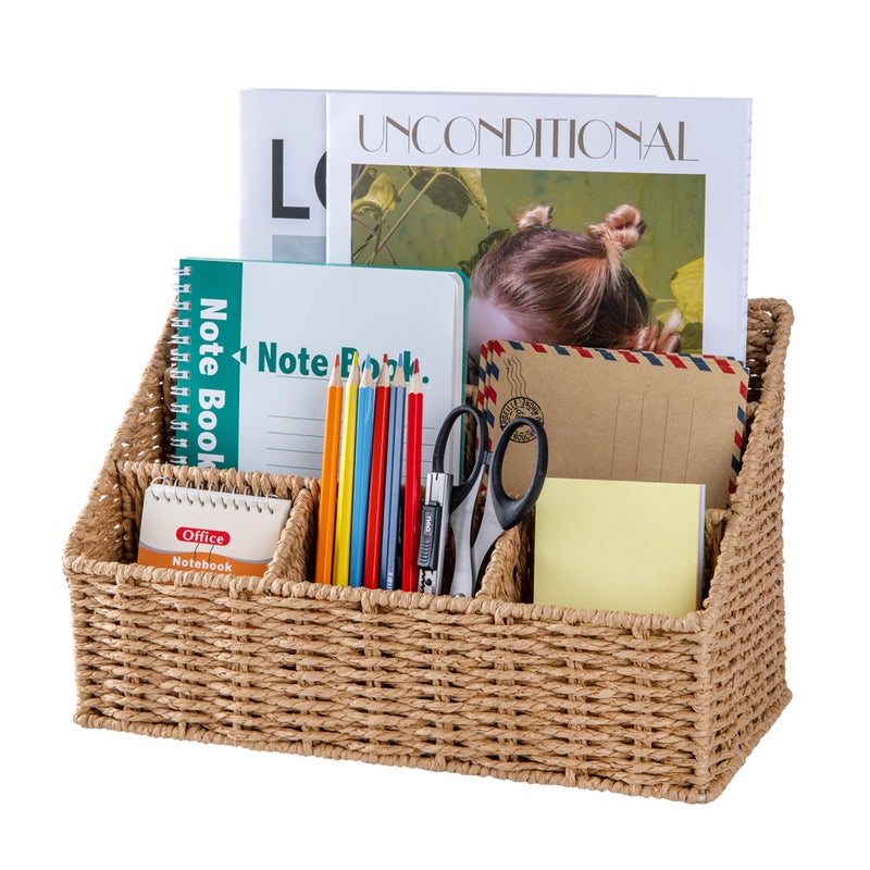 DINGTAI Rattan Desk Organizer, Tabletop Mail Holder, 5 Slot Mail Organizer Countertop Basket, Rattan Office Supplies, Boho Office Desk Accessories, Wicker Desk Organizer, Magazine Holderï¼ˆWickerï¼‰ - Image 1