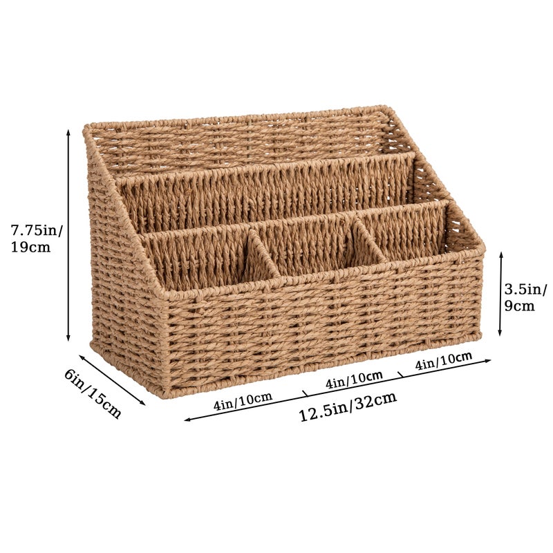 DINGTAI Rattan Desk Organizer, Tabletop Mail Holder, 5 Slot Mail Organizer Countertop Basket, Rattan Office Supplies, Boho Office Desk Accessories, Wicker Desk Organizer, Magazine Holderï¼ˆWickerï¼‰ - Image 3