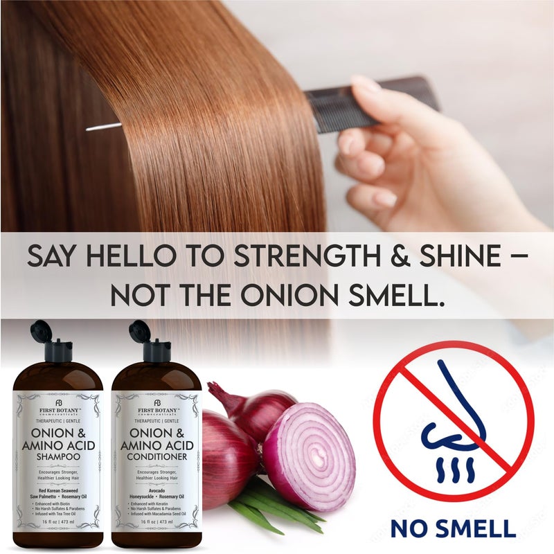 First Botany مجموعة شامبو وبلسم البصل والأحماض الأمينية - تركيبة لنمو الشعر وتقويته مع البيوتين والكيراتين وزيت الأركان - خالية من الكبريتات، مصنوعة في الولايات المتحدة - 16 أونصة سائلة × 2 - Image 4
