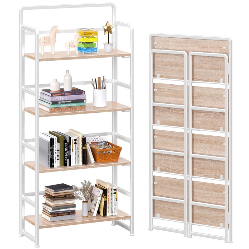 4NM No Assembly Folding Bookshelf 4Shelf 54 H Collapsible Foldable Bookcase Storage for Small Spaces Natural White