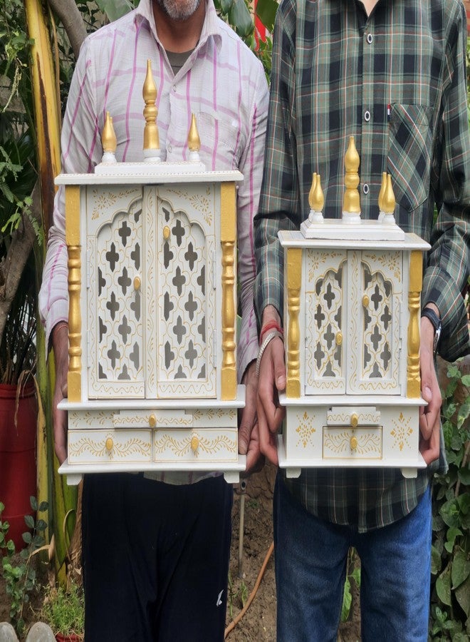 Vipron Handmade Wooden Temple Mandir in White & Gold, Hand-Painted with Carved Panels; Perfect Decorative Pooja Shrine for Home or Office, 30x15x40 cm - Image 4