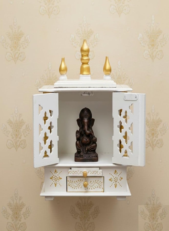 Vipron Handmade Wooden Temple Mandir in White & Gold, Hand-Painted with Carved Panels; Perfect Decorative Pooja Shrine for Home or Office, 30x15x40 cm - Image 1
