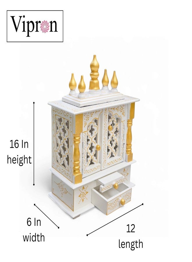 Vipron Handmade Wooden Temple Mandir in White & Gold, Hand-Painted with Carved Panels; Perfect Decorative Pooja Shrine for Home or Office, 30x15x40 cm - Image 3