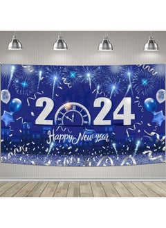 HOWAF Happy New Year Banner 2024 New Year Decoration Happy New Year Background Banner For New Years Eve Party Supplies Happy New Year Backdrop Banner With Firework Zero O'Clock Design Blue Silver  - Image 1