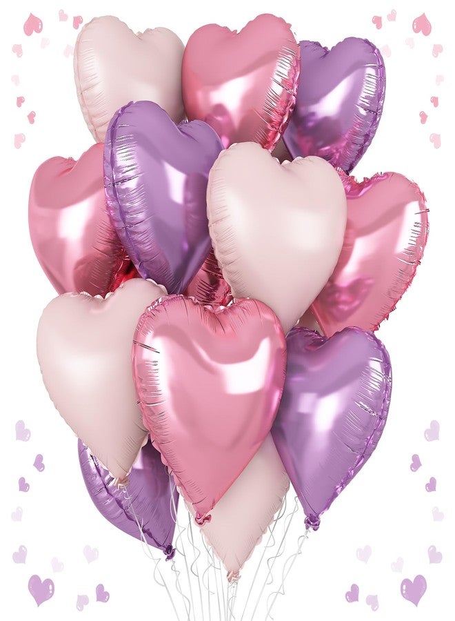 Vibzox Pink Purple Heart Balloons, 18 Inch Light Purple and Pink Heart Shape Balloons, 12PCS Pastel Pink Purple Helium Foil Heart Balloon for Girls Birthday Marriage Engagement Wedding Party Decoration - Image 1