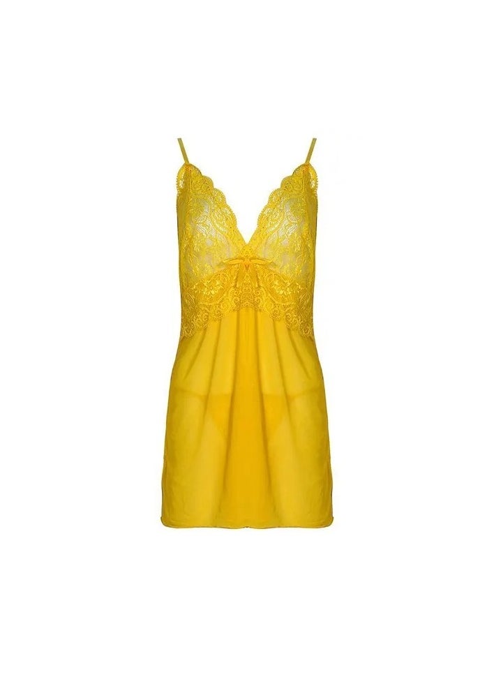Generic - 1-Set Women's Fashion Deep V-neck Lace Stitching Nightdress,Lingerie Pajama Dress Set,Plus Size Homewear Nightgown,Colour Yellow - Image 1