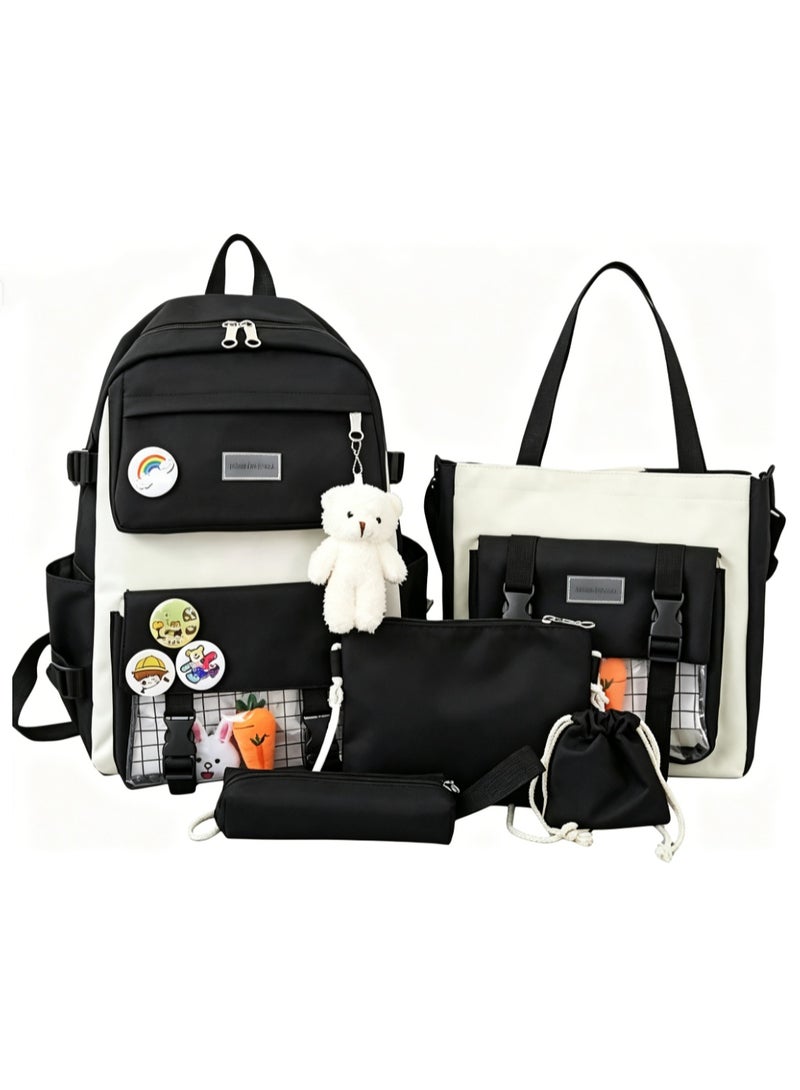 Arabest Kawaii 5-piece backpack set, cute school aesthetic schoolbag, youth supplies backpack set and accessories (Black Schoolbag,Carrot Rabbit * 2+Badge+Bear Pendant 16.5x 12.2x 5.5 inch) - Image 1