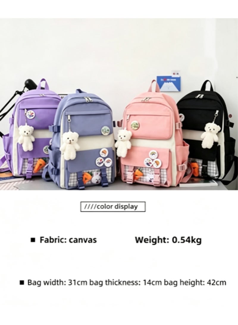 Arabest Kawaii 5-piece backpack set, cute school aesthetic schoolbag, youth supplies backpack set and accessories (Black Schoolbag,Carrot Rabbit * 2+Badge+Bear Pendant 16.5x 12.2x 5.5 inch) - Image 3