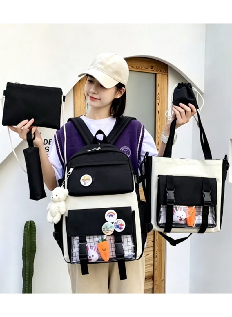 Arabest Kawaii 5-piece backpack set, cute school aesthetic schoolbag, youth supplies backpack set and accessories (Black Schoolbag,Carrot Rabbit * 2+Badge+Bear Pendant 16.5x 12.2x 5.5 inch) - Image 4