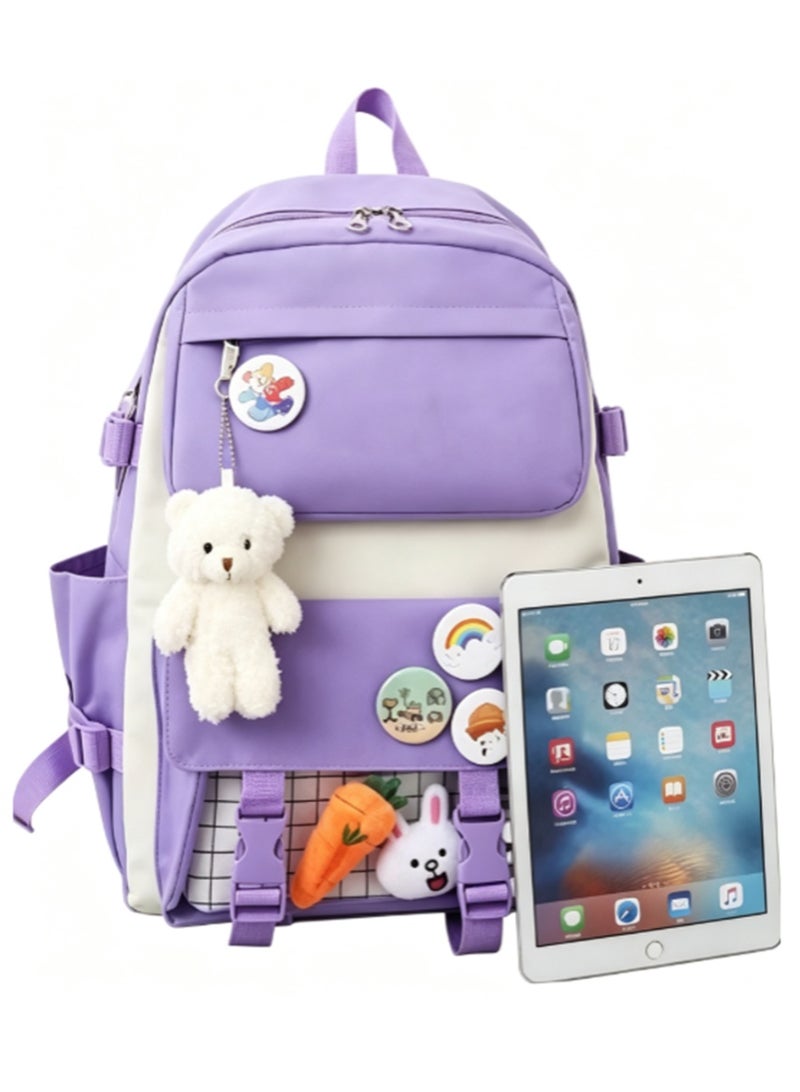 Arabest Kawaii 5-piece backpack set, cute school aesthetic schoolbag, youth supplies backpack set and accessories (Black Schoolbag,Carrot Rabbit * 2+Badge+Bear Pendant 16.5x 12.2x 5.5 inch) - Image 5