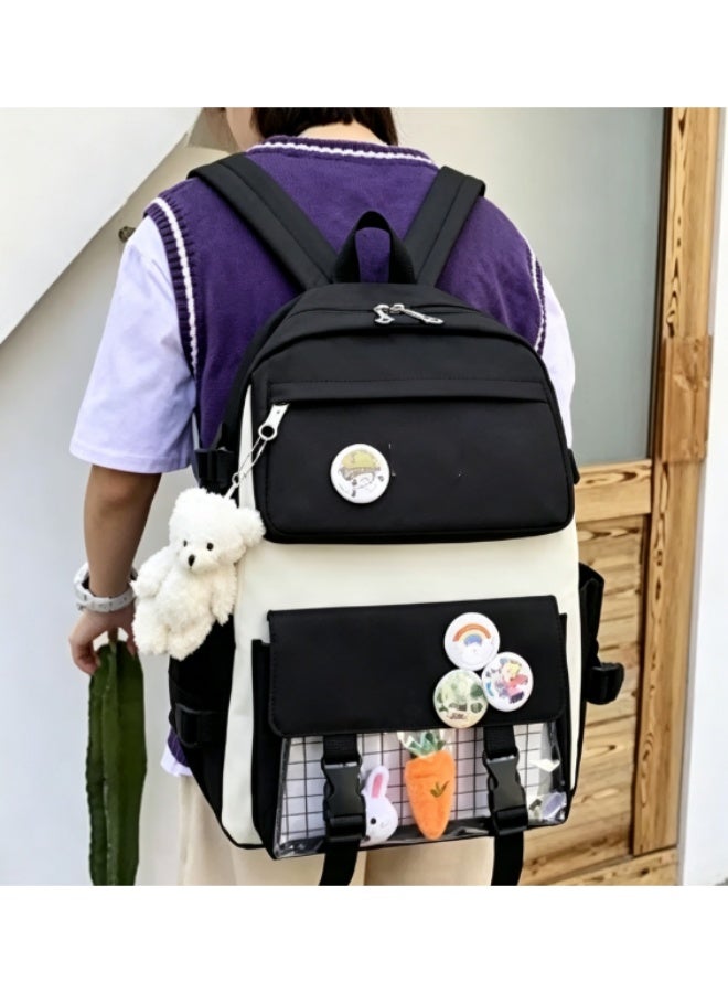 Arabest Kawaii 5-piece backpack set, cute school aesthetic schoolbag, youth supplies backpack set and accessories (Black Schoolbag,Carrot Rabbit * 2+Badge+Bear Pendant 16.5x 12.2x 5.5 inch) - Image 2