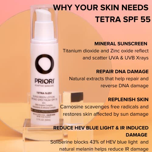 Priori Skincare Tetra Sunscreen Lotion Broad Spectrum SPF 55 Universal Skin Tint Zinc Oxide Facial Sunscreen Blue Light Protection Antioxidant Matte Finish 17 fl oz - Image 5