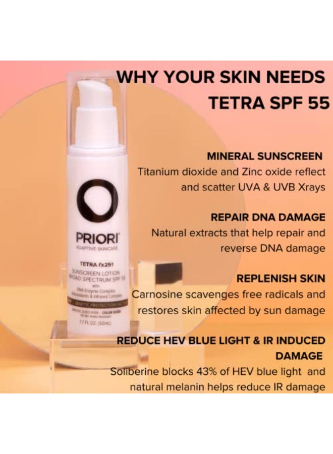 Priori Skincare Tetra Sunscreen Lotion Broad Spectrum SPF 55 Universal Skin Tint Zinc Oxide Facial Sunscreen Blue Light Protection Antioxidant Matte Finish 17 fl oz - Image 4