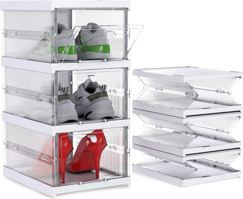 PROSFIA Drop Front Shoe Organizer Storage Box No Assembly Stackable Shoe Storage Bins with Clear Door Free Standing Shoe Shelf Cabinet with Lids Plastic Shoe Rack for Closet Entryway Set of 3Tier