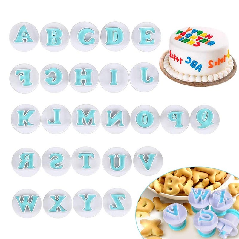 26 Pcs Capital Alphabet Cutters for Cake Decorating Mini Plastic Fondant Letter Cutters Set Alphabet Fondant Cutters for Icing Cupcakes Cookie Biscuit Plunger Mold Stamps Embosser Baking