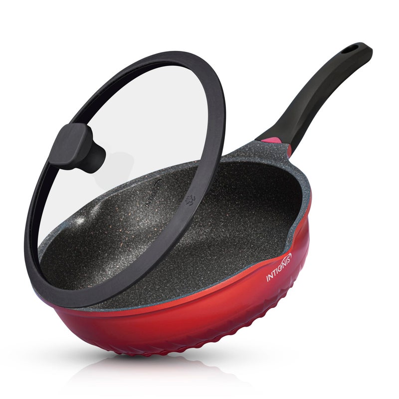 مقلاة عميقة INTIGNIS بقطر 30 سم مع غطاء مقاومة للخدوش متوافقة مع الحث الداخلي غير لاصق مقبض مقاوم للحرارة مثالية للطهي اليومي
