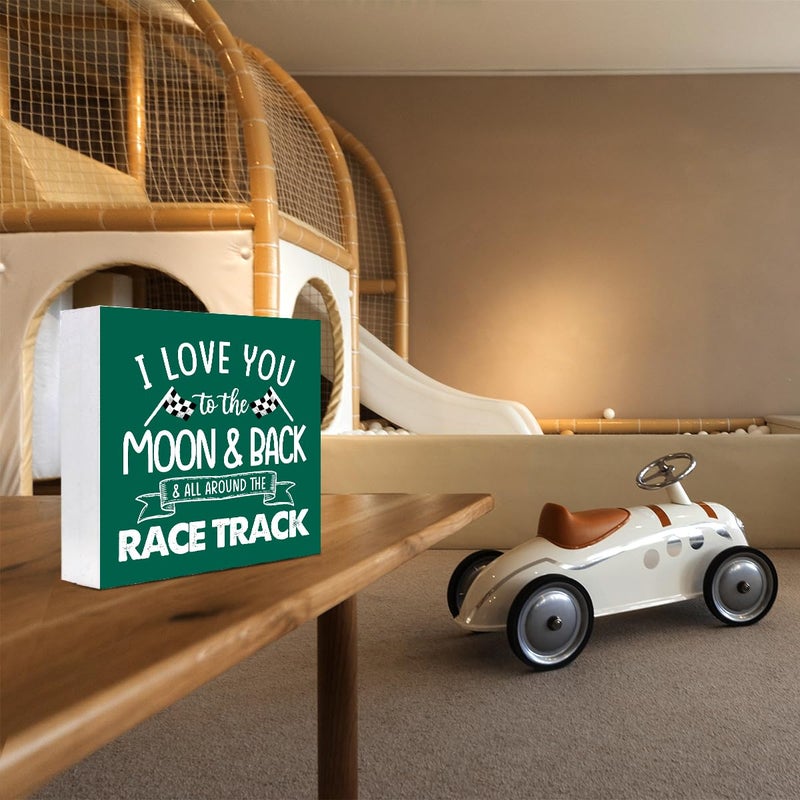 z-crange z-crange I Love You To The Moon And Back And All Around The Race Track Wood Box Sign Desk Decor Farmhouse Racing Checkered Flags Box Block Sign for Home Boys Room Shelf Table Decor Decorations Jungle - Image 4