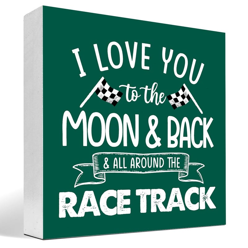 z-crange z-crange I Love You To The Moon And Back And All Around The Race Track Wood Box Sign Desk Decor Farmhouse Racing Checkered Flags Box Block Sign for Home Boys Room Shelf Table Decor Decorations Jungle - Image 1