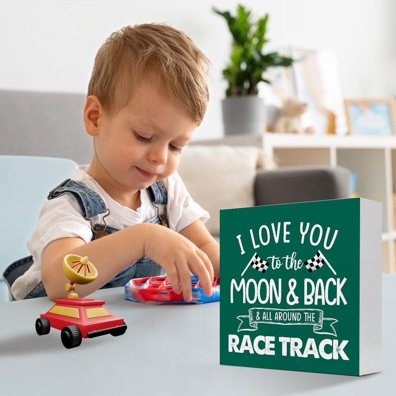 z-crange z-crange I Love You To The Moon And Back And All Around The Race Track Wood Box Sign Desk Decor Farmhouse Racing Checkered Flags Box Block Sign for Home Boys Room Shelf Table Decor Decorations Jungle - Image 5