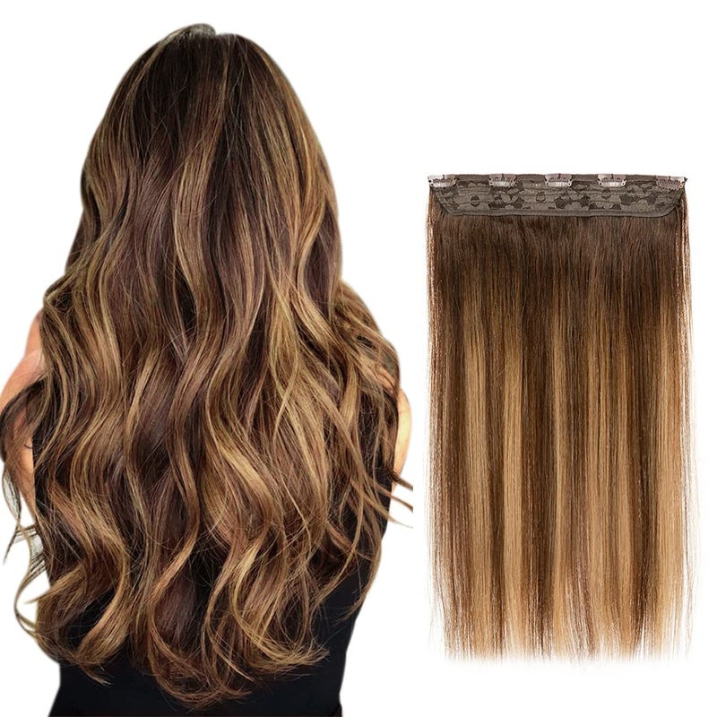 Winsky Hair Extensions Real Human Hair  One Piece Brown Balayage Remy Hair Extensions Clip on 70gram for Women 14inch 4T27P4