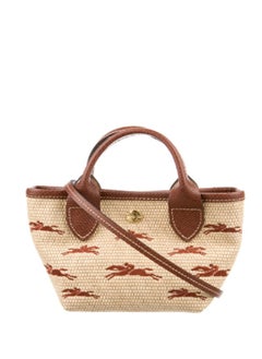 Longchamp Leather Trim Embroidered Raffia Mini Tote w/ Strap