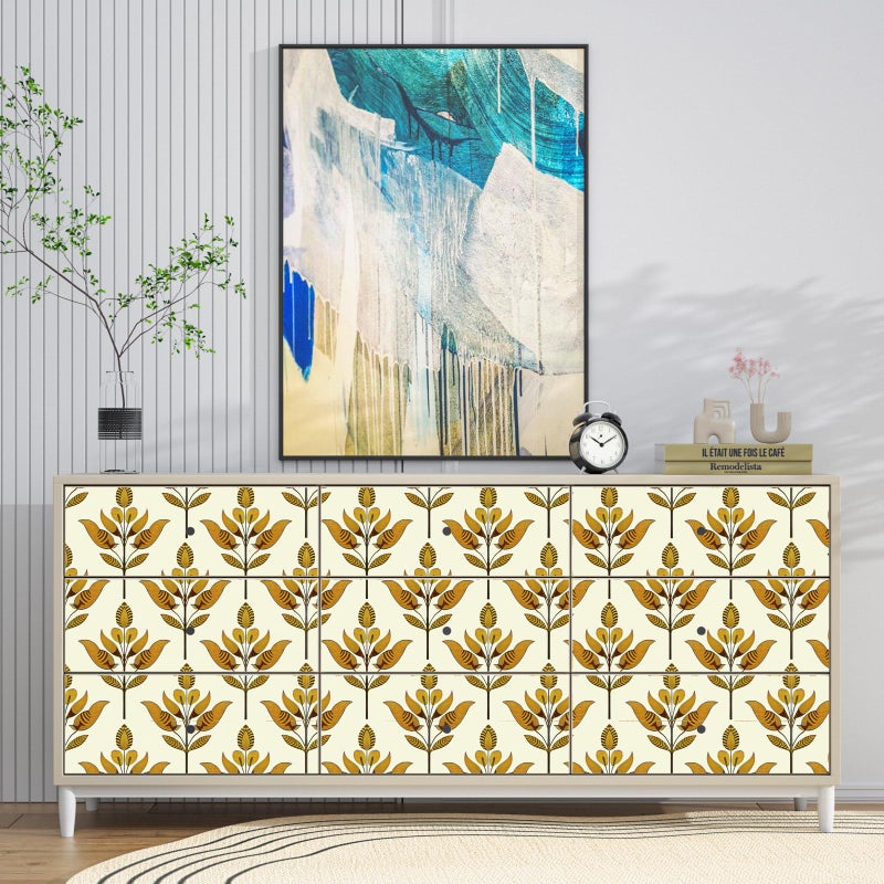 BOKEBEVE Symmetry Floral Wallpaepr Peel and Stick Leaves Wall Paper Boho Contact Paper for Bedroom Bathroom Drawer Modern Removable Beige Gold Yellow 17.5 x 118In - Image 5