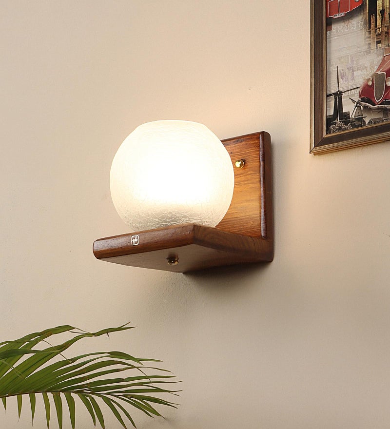 Green House Greenhouse Handmade Sheesham Wood Wall Light Lamp| L-Shape Design | E27 Bulb Holder(Bulb Included) | Bedroom/Living/Dining/Dressing | Globe Shape Frost Glass | Luxurious | 1Yr Replacement Warranty - Image 1