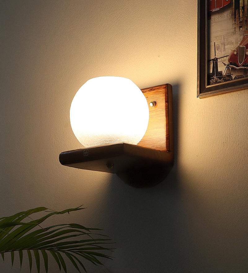Green House Greenhouse Handmade Sheesham Wood Wall Light Lamp| L-Shape Design | E27 Bulb Holder(Bulb Included) | Bedroom/Living/Dining/Dressing | Globe Shape Frost Glass | Luxurious | 1Yr Replacement Warranty - Image 3