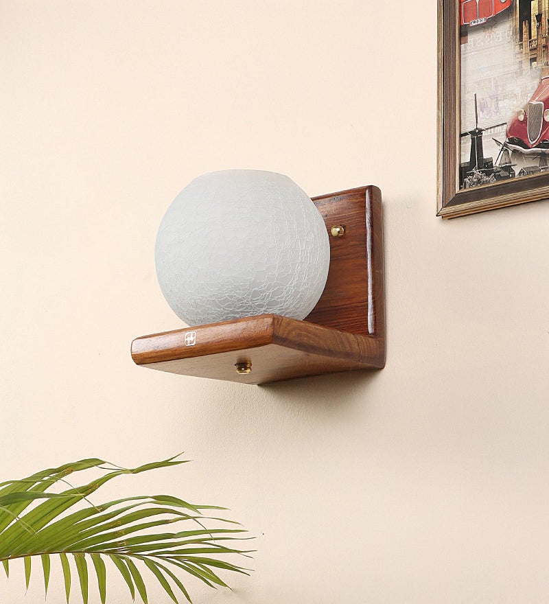 Green House Greenhouse Handmade Sheesham Wood Wall Light Lamp| L-Shape Design | E27 Bulb Holder(Bulb Included) | Bedroom/Living/Dining/Dressing | Globe Shape Frost Glass | Luxurious | 1Yr Replacement Warranty - Image 5