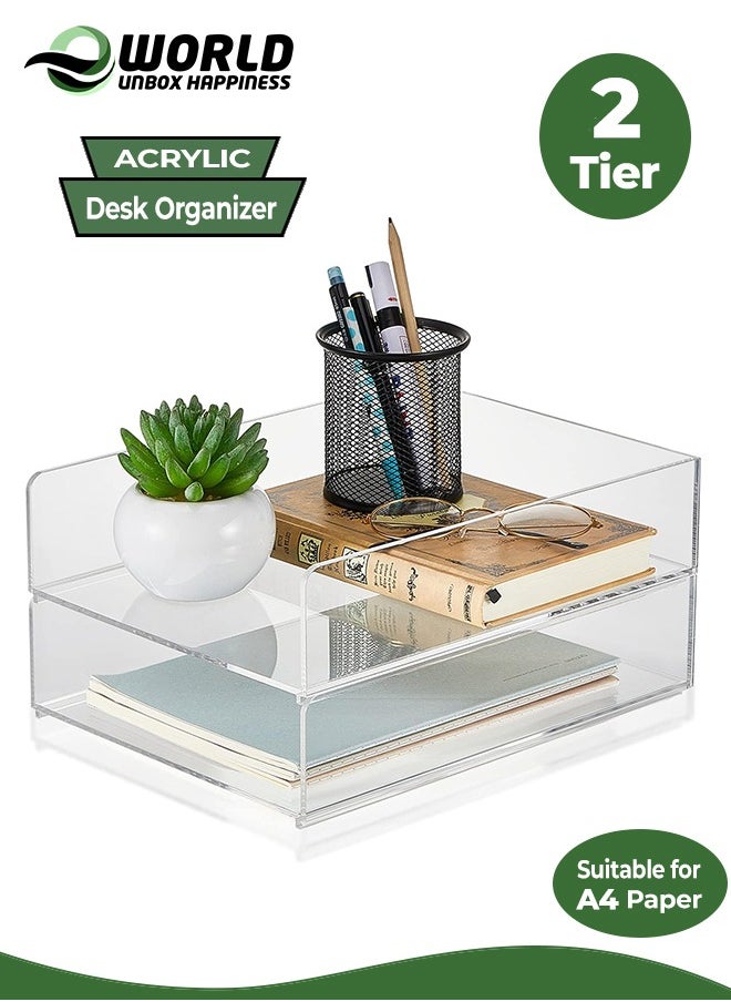 Eworld 2-Tier Acrylic Desk Organizers featuring rounded edges and stackable Clear Document Trays for Office Organization, Ideal for A4 letters, stationery, documents, books, memos and pads, (2 Sizes)  - Image 1