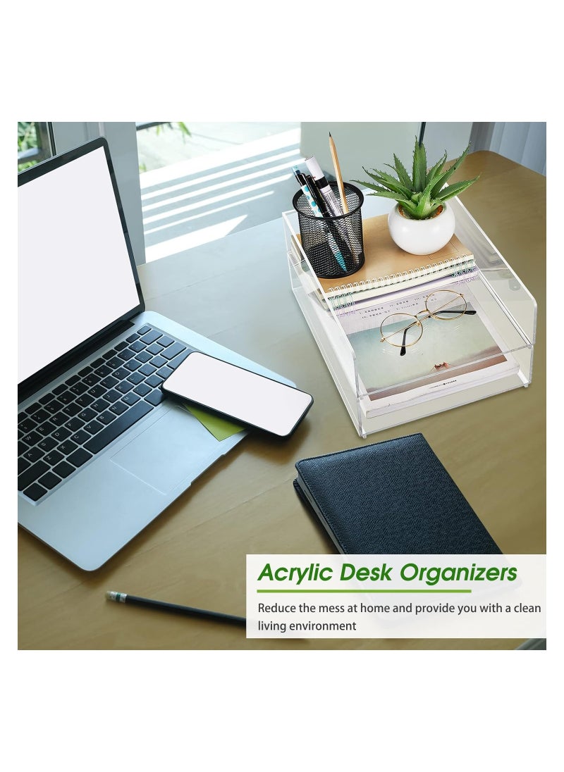 Eworld - 2-Tier Acrylic Desk Organizers featuring rounded edges and stackable Clear Document Trays for Office Organization, Ideal for A4 letters, stationery, documents, books, memos and pads, (2 Sizes) - Image 1