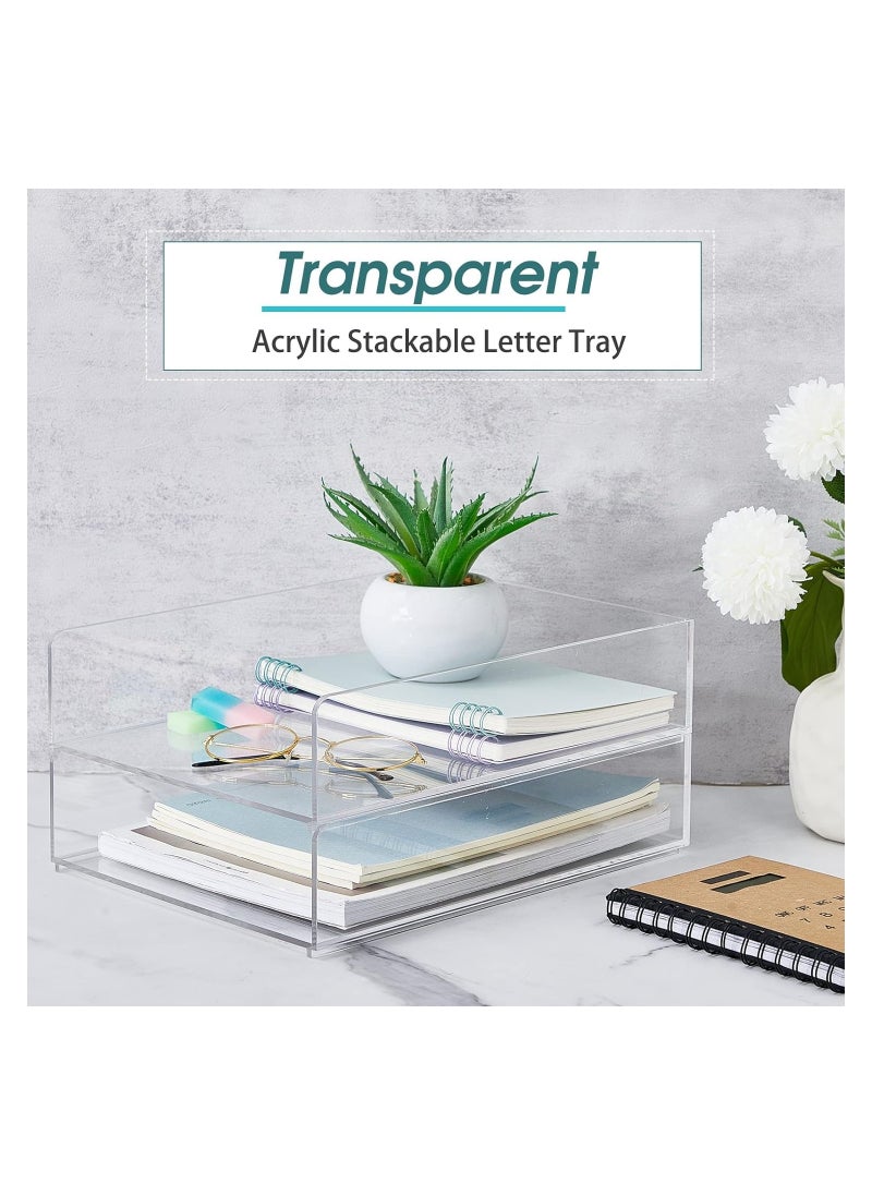 Eworld 2-Tier Acrylic Desk Organizers featuring rounded edges and stackable Clear Document Trays for Office Organization, Ideal for A4 letters, stationery, documents, books, memos and pads, (2 Sizes)  - Image 3