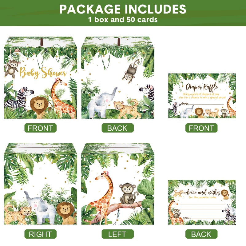 Marspark 51 Pieces Woodland Baby Shower Card Box and Advice Cards, Diaper Raffle Game Box Tickets, Animals Safari Creatures Party Decorations for Baby Shower, Birthday, Gender Reveal (Jungle Animal Theme) - Image 2