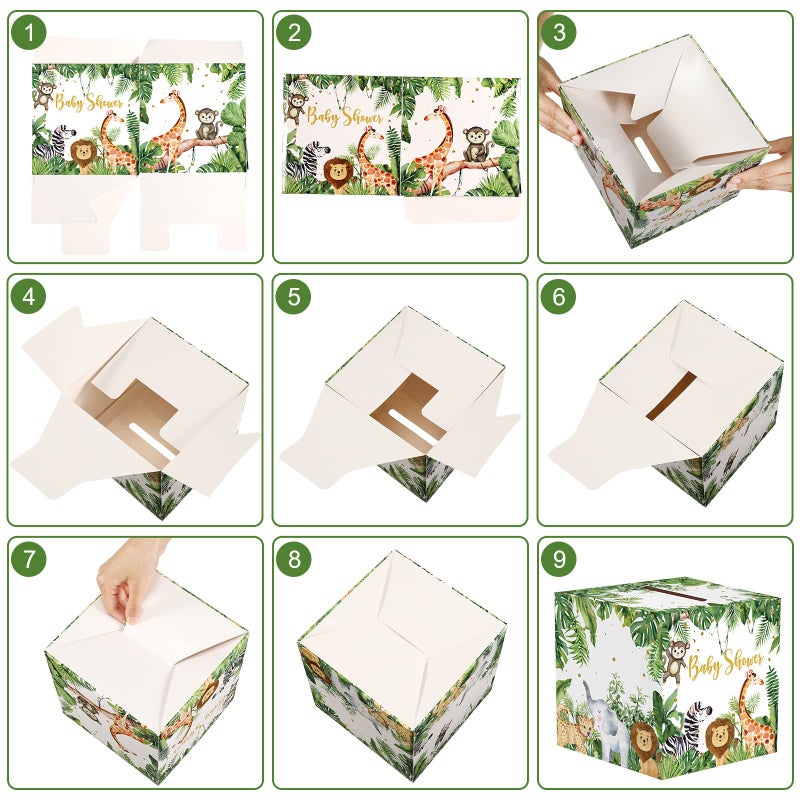 Marspark 51 Pieces Woodland Baby Shower Card Box and Advice Cards, Diaper Raffle Game Box Tickets, Animals Safari Creatures Party Decorations for Baby Shower, Birthday, Gender Reveal (Jungle Animal Theme) - Image 4