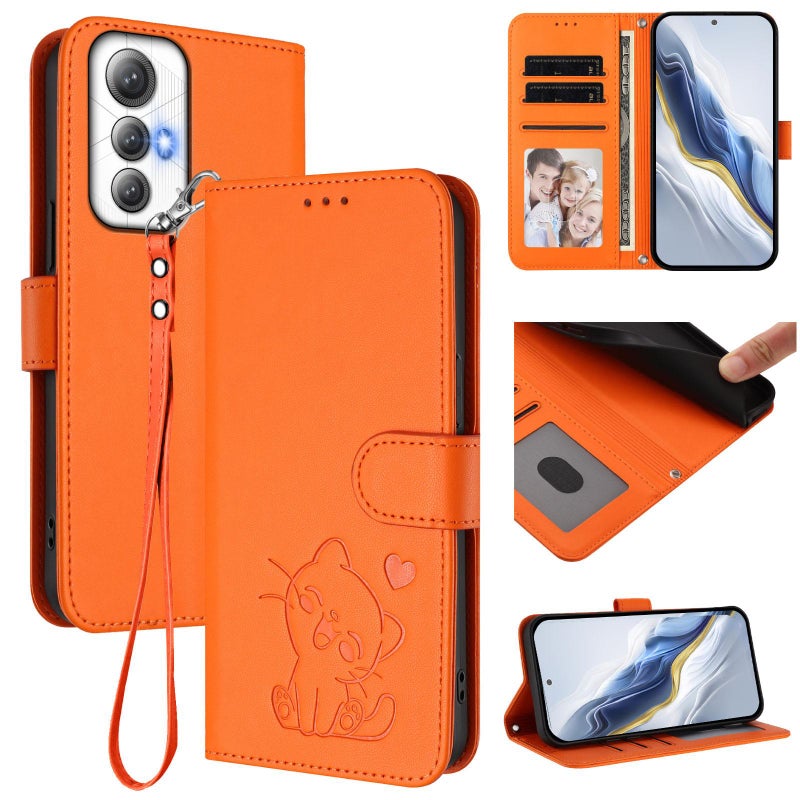 erorex For Cubot Max 5 Embossed  Cat Leather Phone Case with Hand Strap(Orange) - Image 1