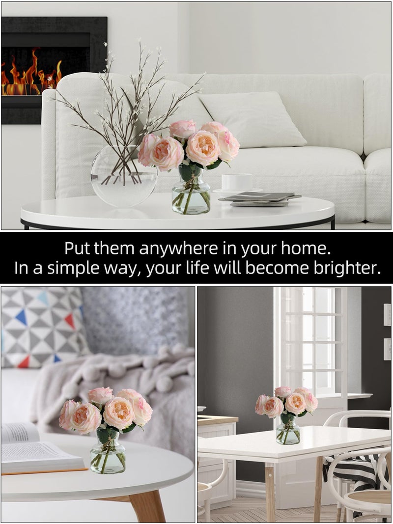 grtefhu 6Pcs Fake Austin Rose Peonies Flowers with Vase, Clear Glass Vase with Pink Real Touch Peonies Artificial Flowers Home Decor(Pink) - Image 2