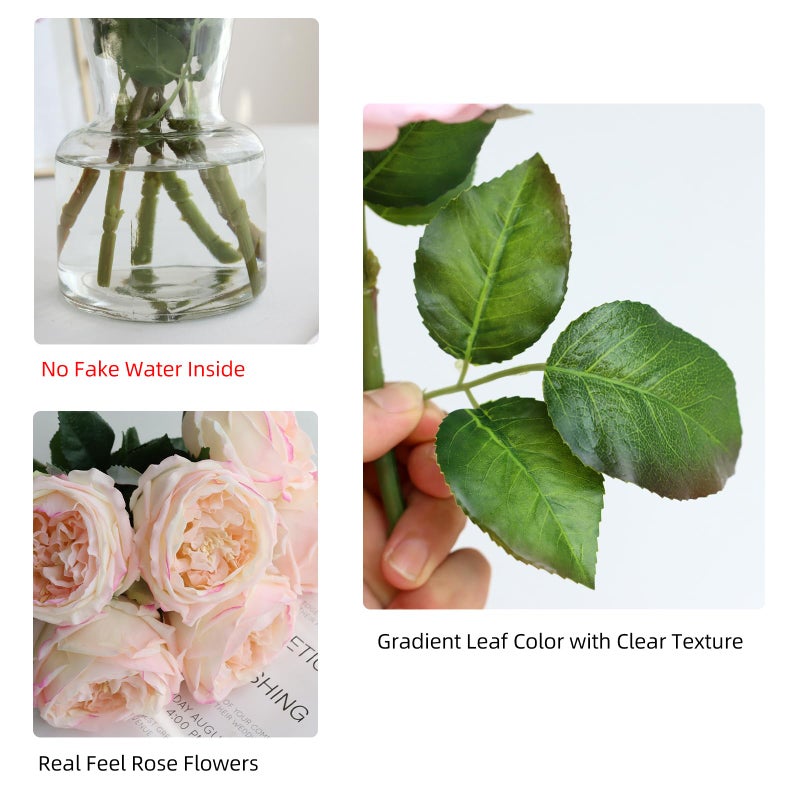 grtefhu 6Pcs Fake Austin Rose Peonies Flowers with Vase, Clear Glass Vase with Pink Real Touch Peonies Artificial Flowers Home Decor(Pink) - Image 4
