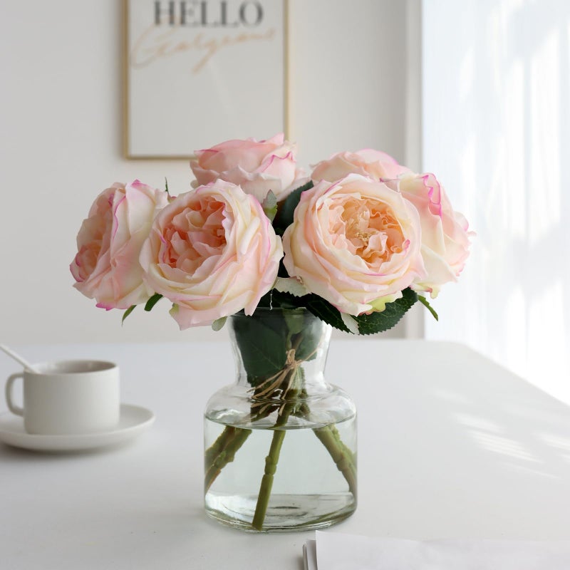 grtefhu 6Pcs Fake Austin Rose Peonies Flowers with Vase, Clear Glass Vase with Pink Real Touch Peonies Artificial Flowers Home Decor(Pink) - Image 1