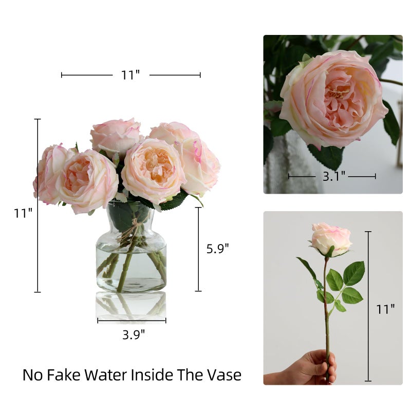 grtefhu 6Pcs Fake Austin Rose Peonies Flowers with Vase, Clear Glass Vase with Pink Real Touch Peonies Artificial Flowers Home Decor(Pink) - Image 5