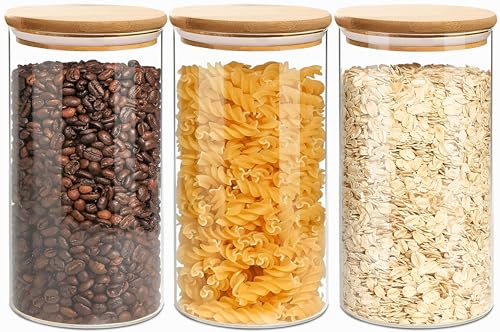 VIEWELLD 1.5 Qt Round Glass Storage Containers with Lids, Clear Food Storage Container Jar with Sealing Bamboo Lid for Noodles Flour Cereal Rice Sugar Tea Coffee Beans, Round Set of 3 - Image 1