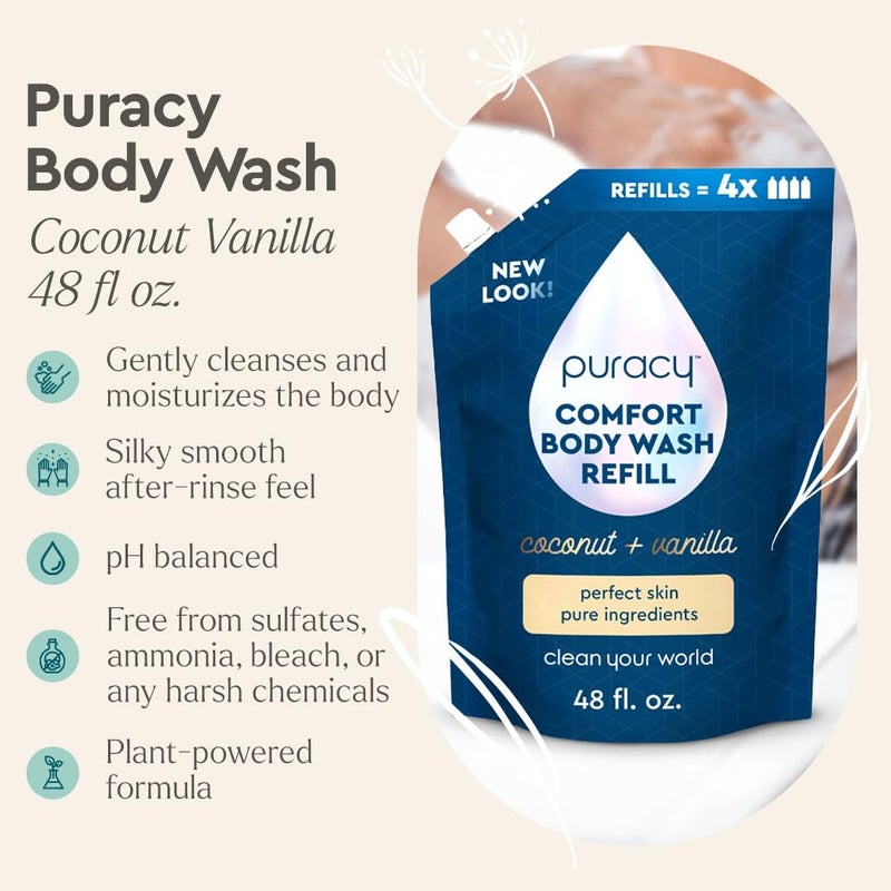 Puracy Body Wash Refill, Natural Body Wash, 98.6% Pure Plant Ingredients, Moisturizing Shower Gel for Women Men Kids, Body Soap for Dry Sensitive Skin. Gently Scented with Coconut & Vanilla, 48 Ounce - Image 2
